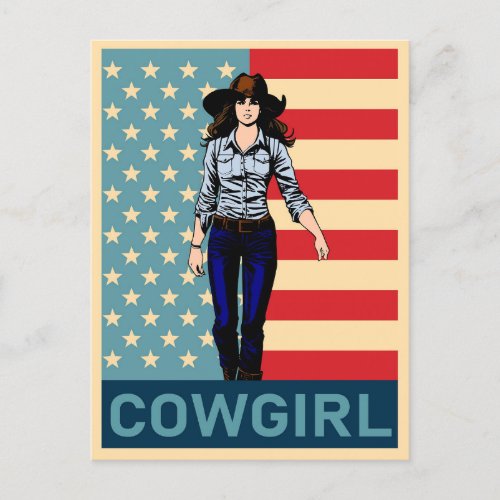 Vintage Cowgirl American Flag Postcard