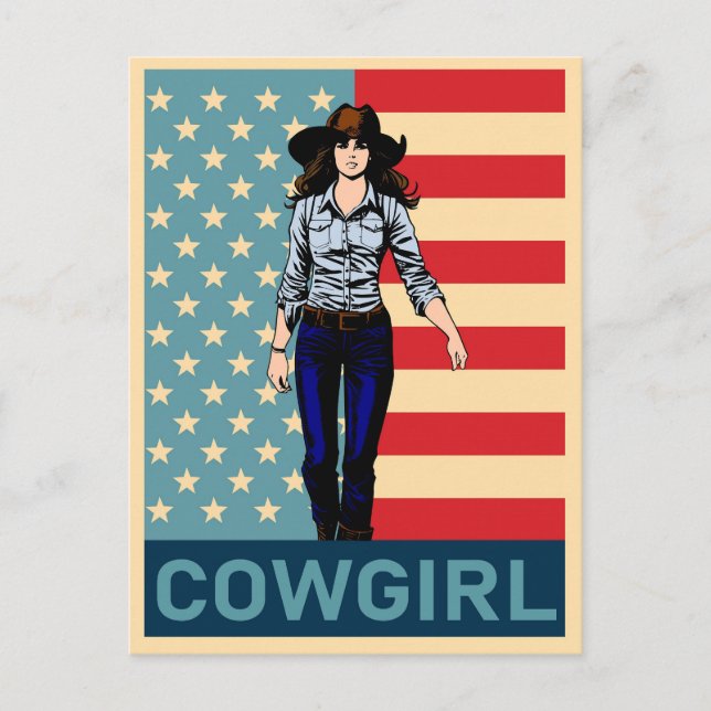 Vintage Cowgirl American Flag Postcard (Front)