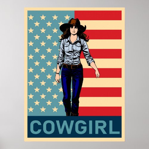 Vintage Cowgirl American Flag Poster