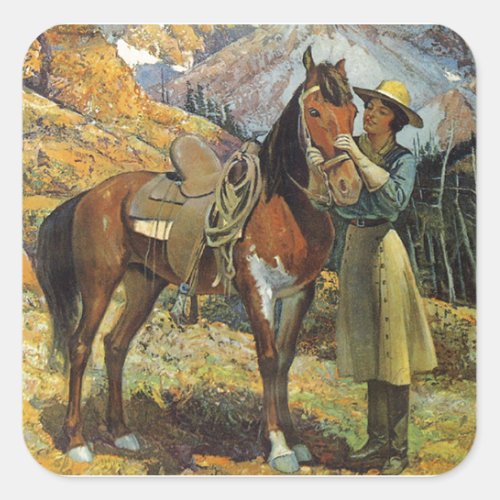 Vintage Cowgirl and Horse Square Sticker