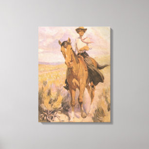 Vintage Cowgirl Cowboy, Woman on Horse by Dunton Canvas Print