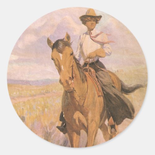 Vintage Cowgirl Cowboy Woman on Horse by Dunton Classic Round Sticker