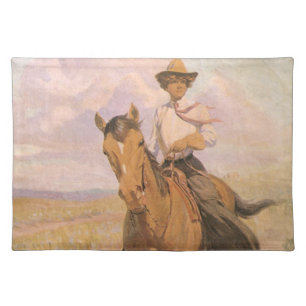 Vintage Cowgirl Cowboy, Woman on Horse by Dunton Cloth Placemat