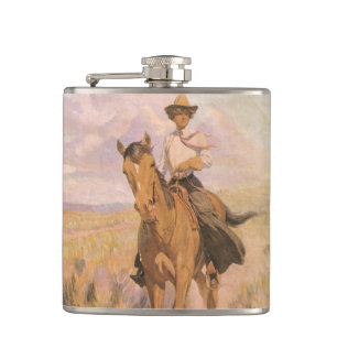 Vintage Cowgirl Cowboy, Woman on Horse by Dunton Flask