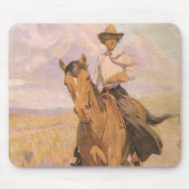 Vintage Cowgirl Cowboy, Woman on Horse by Dunton Mouse Pad