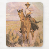 Vintage Cowgirl Cowboy, Woman on Horse by Dunton Mouse Pad