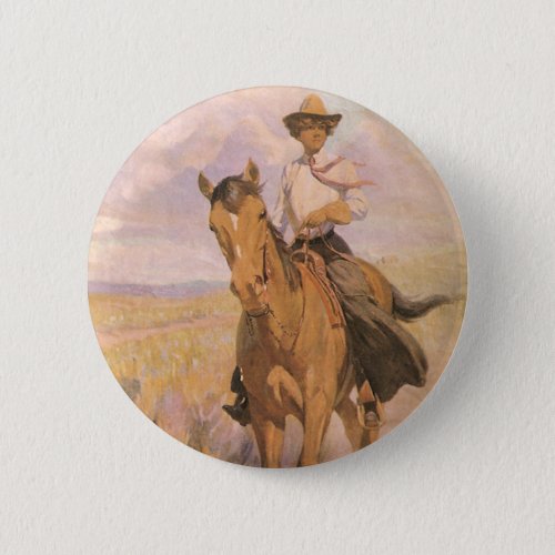 Vintage Cowgirl Cowboy Woman on Horse by Dunton Pinback Button