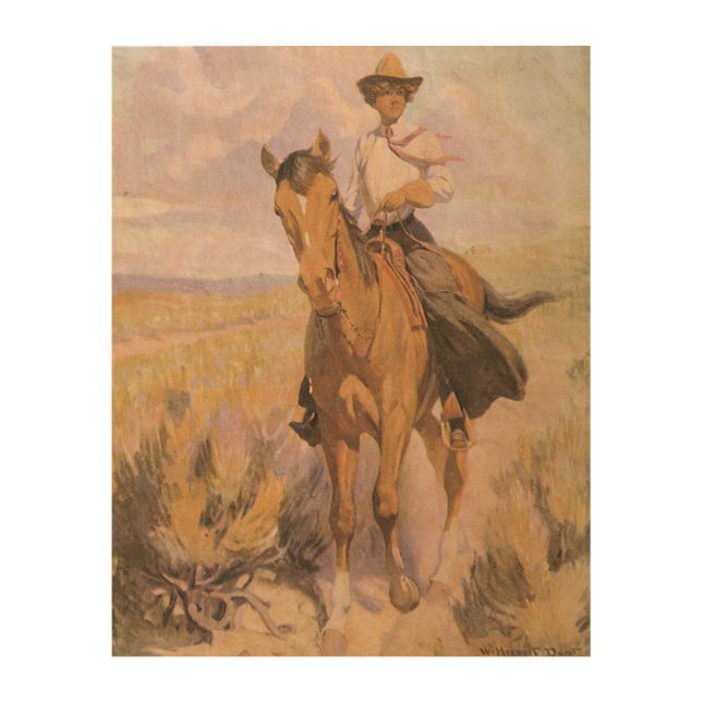 Vintage Cowgirl Cowboy, Woman on Horse by Dunton Wood Wall Art (Front)