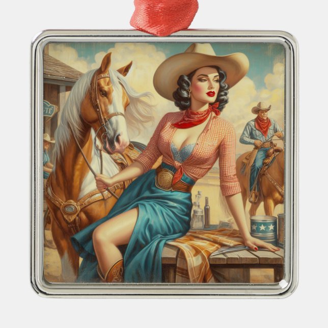 Vintage Cowgirl Metal Ornament (Front)