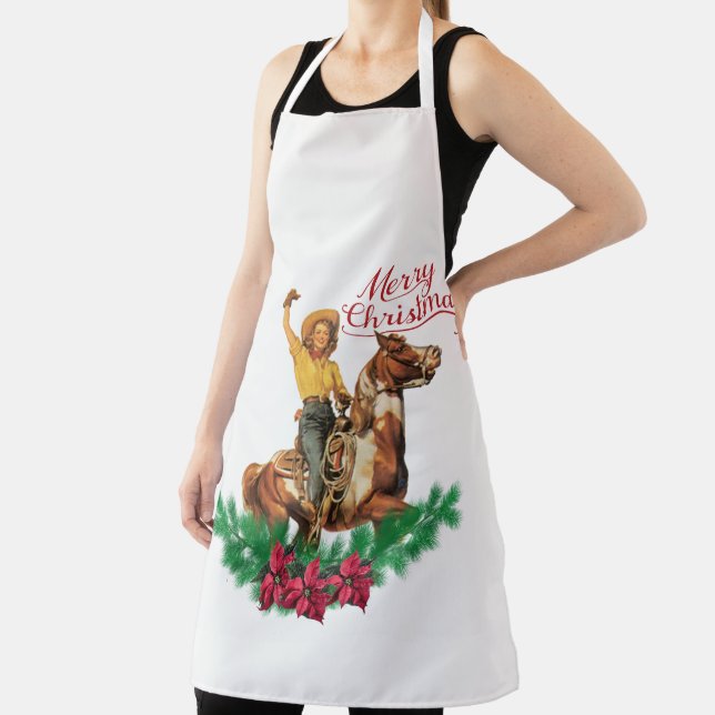 Vintage Cowgirl On Horse Merry Christmas  Apron (Insitu)
