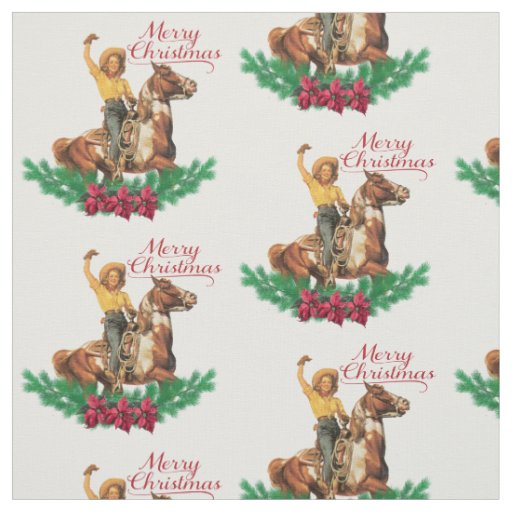 Vintage Cowgirl On Horse Merry Christmas Fabric