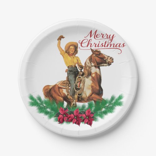 Vintage Cowgirl On Horse Merry Christmas Paper Plates