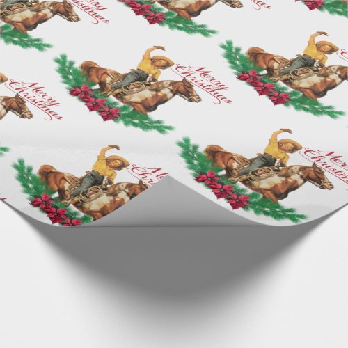 Vintage Cowgirl On Horse Merry Christmas Wrapping Paper
