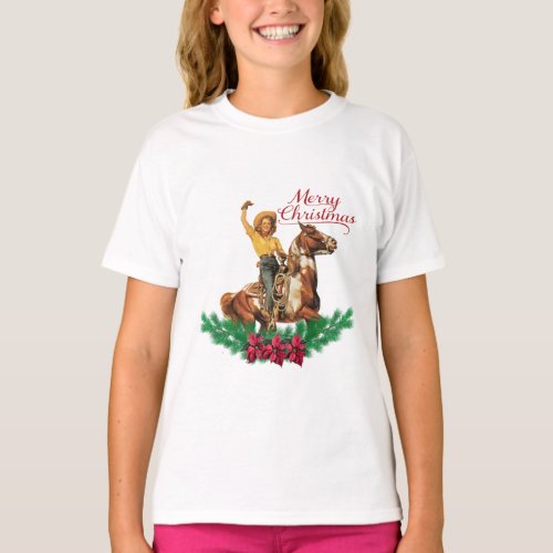 Vintage Cowgirl On Horse Waving Merry Christmas T_Shirt