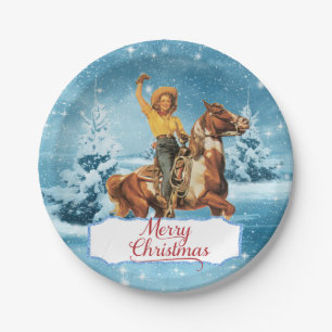 Vintage Cowgirl On Horse Winter Merry Christmas Paper Plates