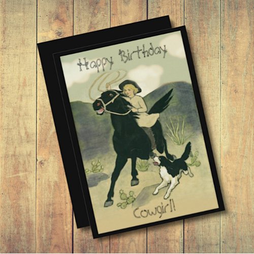 Vintage Cowgirl on Horse with Dog Birthday Card