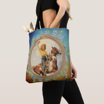 Vintage Cowgirl On Horse with Lariat Rope  Flowers Tote Bag