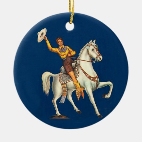 Vintage Cowgirl on Horseback Waving Hat Ceramic Ornament