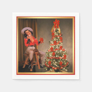 Vintage Cowgirl On Saddle With Christmas Tree Paper Napkins