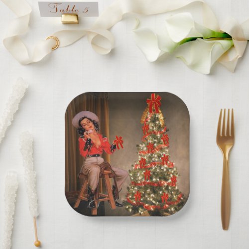 Vintage Cowgirl On Saddle With Christmas Tree Paper Plates