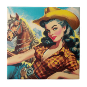 Vintage Cowgirl Painting Ceramic Tile