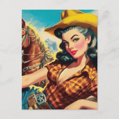 Vintage Cowgirl Painting Postcard