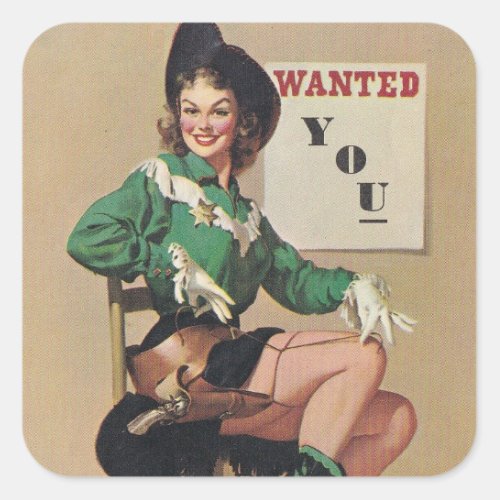 Vintage cowgirl pin up art square sticker