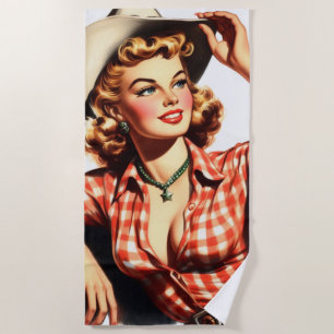 Vintage Cowgirl Pin Up Beach Towel