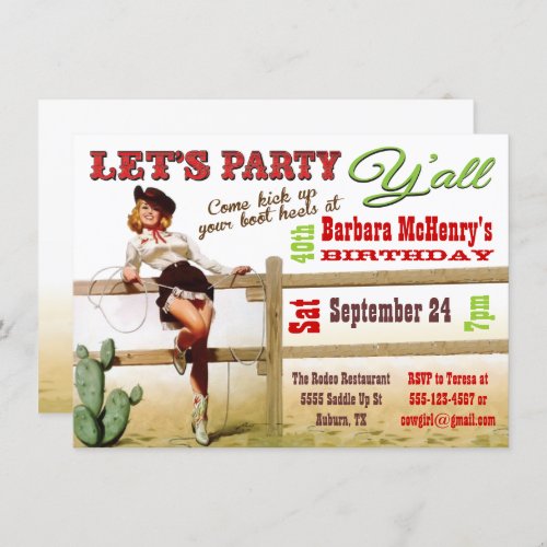 Vintage Cowgirl Pin Up Birthday Party Invitation