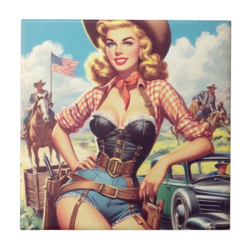 Vintage Cowgirl Pin Up Ceramic Tile