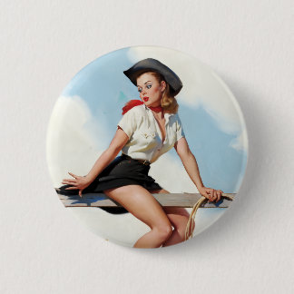 Vintage Cowgirl Pin-Up Girl Art Retro Western  Button