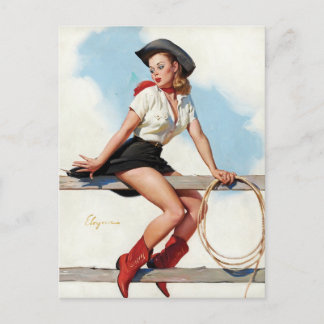 Vintage Cowgirl Pin-Up Girl Art Retro Western  Postcard