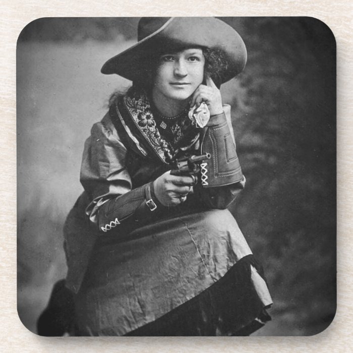 Vintage Cowgirl Posing with Her Six Shooter Beverage Coasters