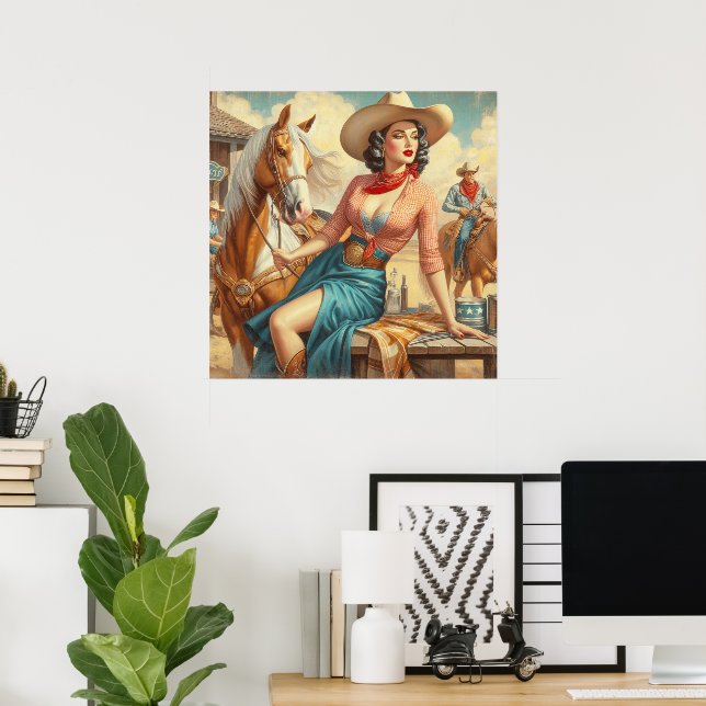 Affiche Vintage Cowgirl à Cheval Avec Alligator - Poster Rétro Western - Décoration Murale