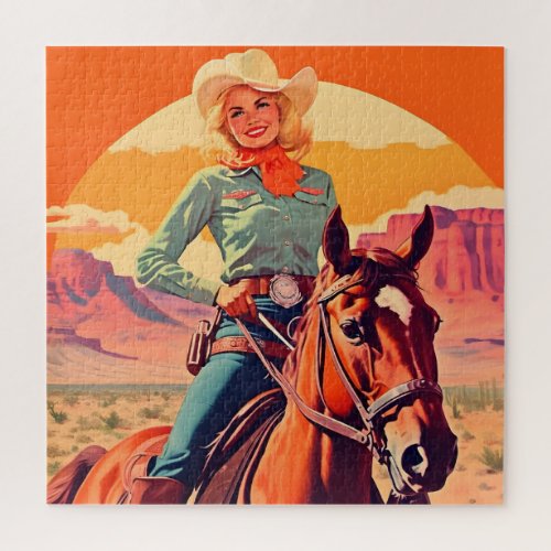 Vintage Cowgirl Riding Horse Jigsaw Puzzle