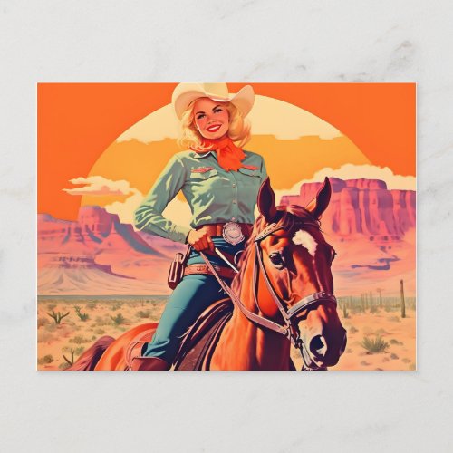 Vintage Cowgirl Riding Horse Postcard