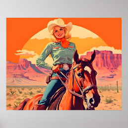 Vintage Cowgirl Riding Horse Poster