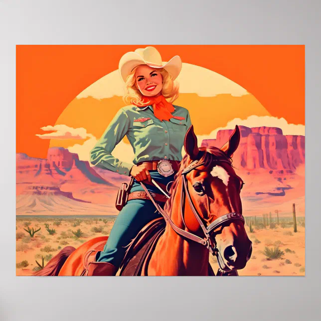 Vintage Cowgirl Riding Horse Poster Zazzle