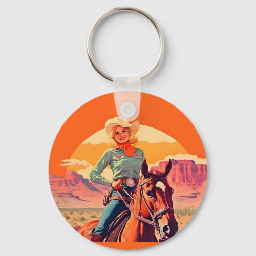 Vintage Cowgirl Riding Horse Western Keychain