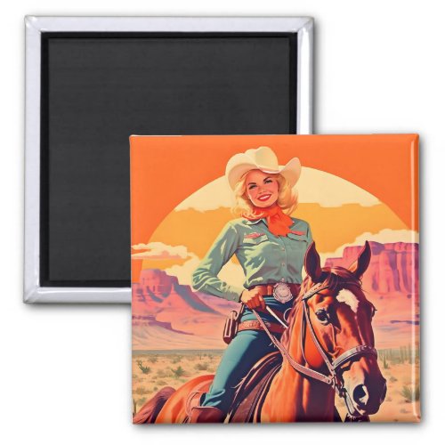 Vintage Cowgirl Riding Horse Western Magnet