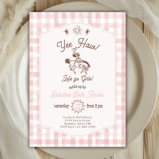 Vintage Cowgirl Rodeo Pink Gingham Girl Birthday Invitation