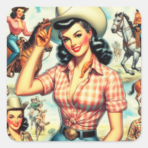 Vintage Cowgirl Seamless Illustration Square Sticker
