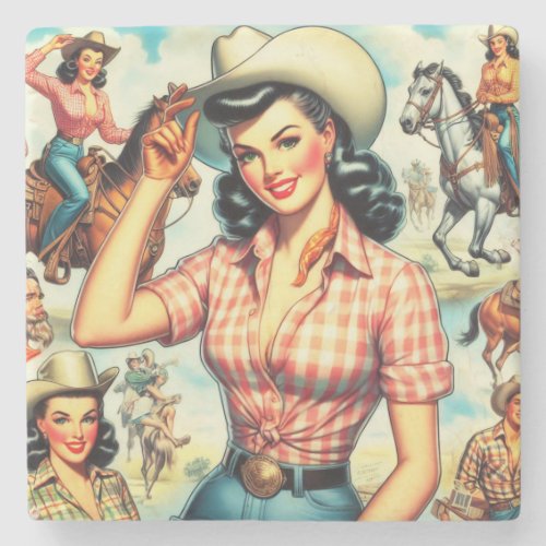 Vintage Cowgirl Seamless Illustration Stone Coaster