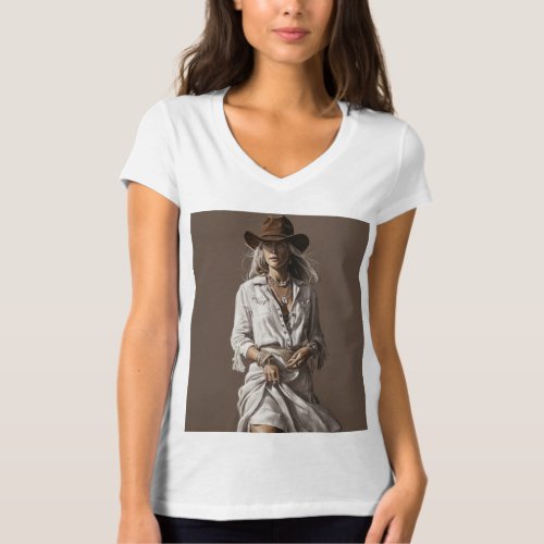 Vintage Cowgirl with Boho Accents on White  T_Shirt