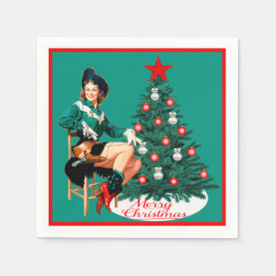 Vintage Cowgirl With Christmas Tree Merry Christma Napkins