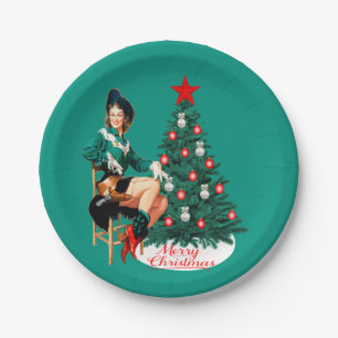 Vintage Cowgirl With Christmas Tree Merry Christma Paper Plates