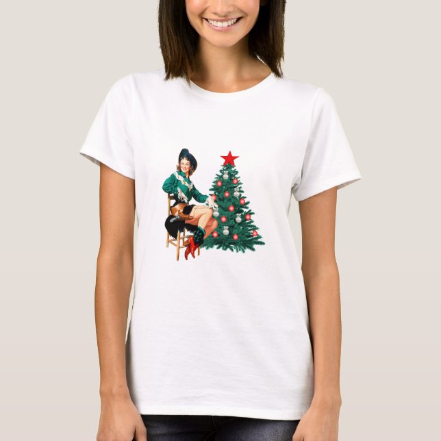 Vintage Cowgirl With Christmas Tree T-Shirt (Front)