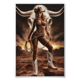 Vintage Cowgirl With Cow Skull  Photo Print