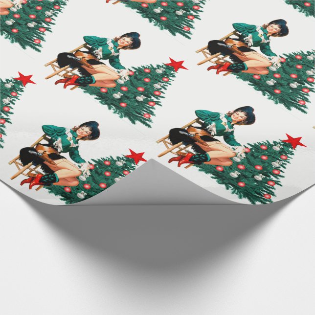 Vintage Cowgirl With Red Boots and Christmas Tree Wrapping Paper (Corner)
