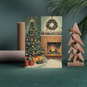 Vintage Cozy Christmas Living Room Decorated Tree Holiday Card